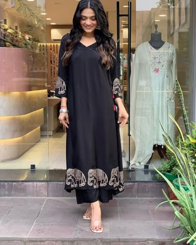 Image of Women's Black Kurti with Palazzo Set, Floral Print, Ethnic Wear, Straight Kurta