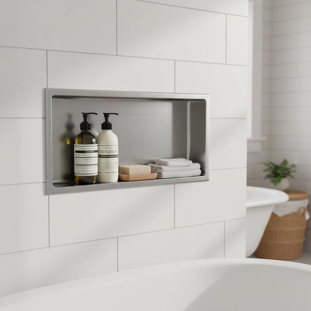 Stilform Elegante Wandnische Gebürstet (60 x 30) Duschablage Nische| Stilvolle Ablage für Badezimmer| Hochwertiges 304 Edelstahl Duschnische