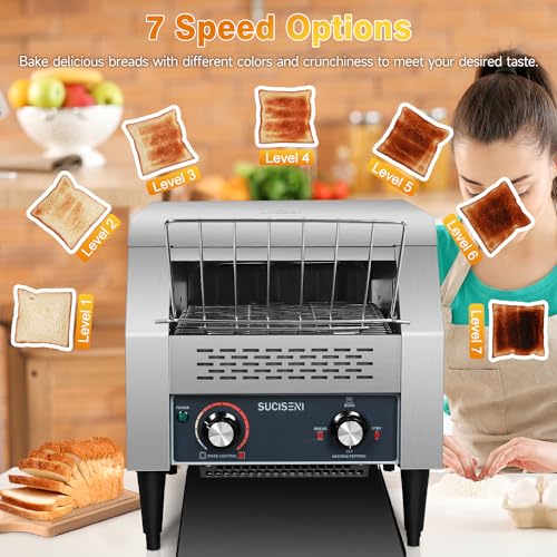Image of Commercial Toaster 300 Slices /Hour 1900W Heavy Duty Industrial Conveyor Toaster Stainless Steel Electric Oven with Dual Heating Tube 7-speed Adjustments for Bagel Croissant Restaurant Bakery Cafe