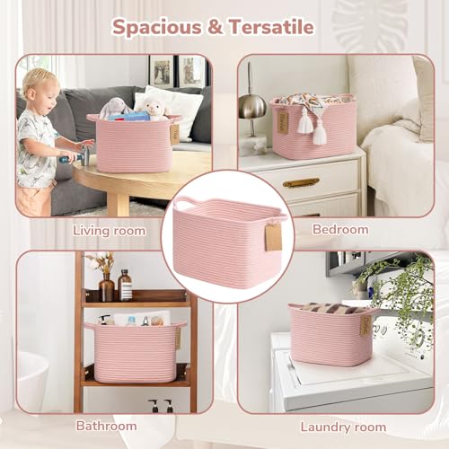 Image of Goodpick Woven Rope Storage Basket for Shelves, Rectangle, Pink