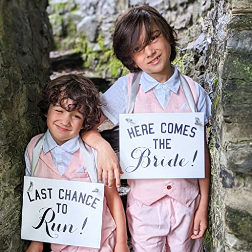 Set Of 2 Wedding Signs For Ring Bearers & Flower Girls | Here Comes The Bride And Last Chance To Run Funny Ceremony Banners (Here Comes The Bride + Last Chance To Run) #TOP1