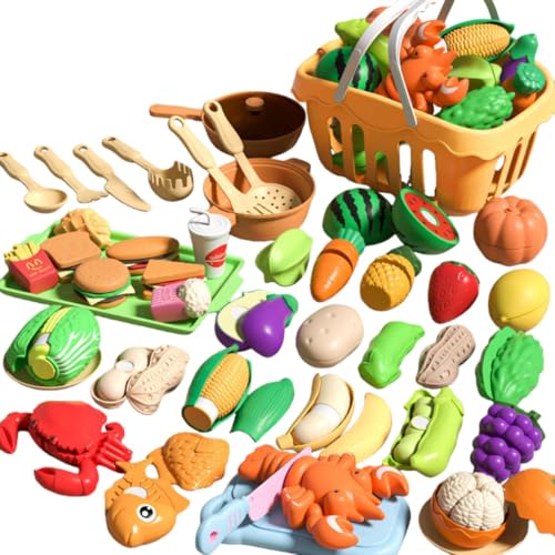 Oddtiaily おままごとキッチンセット おままごと 食材 切る遊び かご付き 大容量収納 海鮮 野菜 果物 ハンバーグ 収納バッグ付け 調理器具 知育玩具 幼児の創造力・色彩認識力を育む 家庭用 保育園 お誕生日プレゼント(【44点セット】) [並行