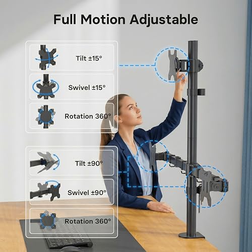 Image of BIJASANI Vertical Dual Monitor Stand | Stacked One Above Other | Large Dual C-Clamp | 810mm Single-Pole | 10 KG Per Arm | 10-32 inch | Tilt Swivel Rotation | 3 Year Warranty | WFH Trading Gaming