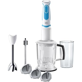 Braun MultiQuick 5 Vario MQ 5260WHBL Hand Blender   Pur e Stick with Stainless Steel Mixing Base and Spiral Cutter 1000 W Includes Extensive Accessory Set White/Blue