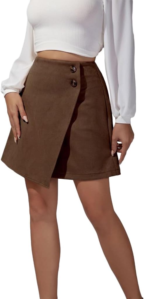 Womens Faux Suedes Mini Skirt Above Knee Length Wrap A Line Skirt Winter Spring Fall Short Skirt Back Zipper Closure Brown