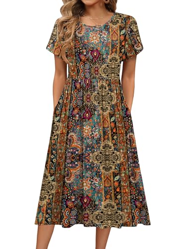 Image of HOTOUCH Women's Summer A-Line Midi Dresses 2026 Casual Floral Short Sleeve T-Shirt Dress Flowy Beach Sundress with Pockets
