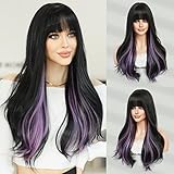 7JHH WIGS Highlight Layered Purple and Black Wig with Bang Long Straight Synthetic Women Natural Balayaga Black Wig Daily Used (Purple Highlight)