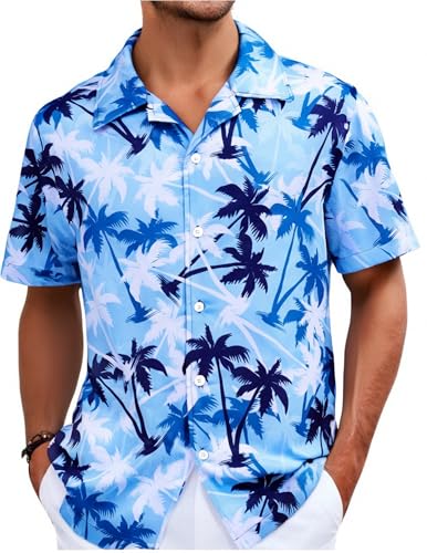 UNIQUEONE Men's Hawaiian Short Sleeve Button Down Tropical Floral Beach Vacation Shirt Blue