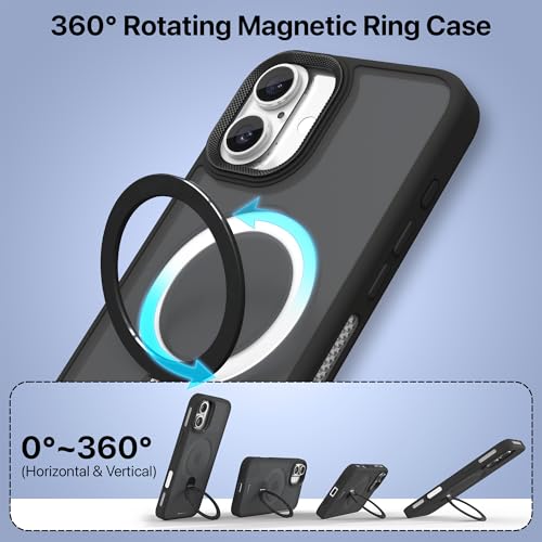 Image of eller sante Maximus Back Cover Case for iPhone 16 Plus with Magnetic Alloy Ring Metal Kickstand Camera Protector TPU Shockproof 10ft Drop Protection Compatible with Mag-Safe- Black