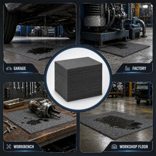 Image of Hoolerry 100 Pcs Oil Absorbent Pads Bulk Heavy Weight Dimpled Garage Absorbing Pad Water Absorbent Mat Trimmable Oil Spill Mat for Garage Floor Workshop Auto Fluid Cleanup (12 x 15 Inch,Gray)
