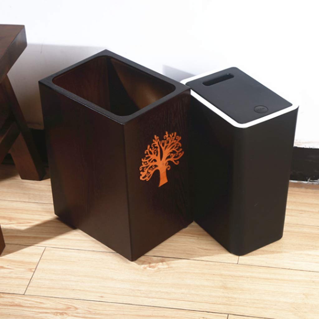 Garbage Can Trash Can Antique Chinese Creative Home with Lid Trash Can Living Room Hotel Japanese Press Wooden Trash Can Office Desktop Trash Can (Color : Antique) (Black)