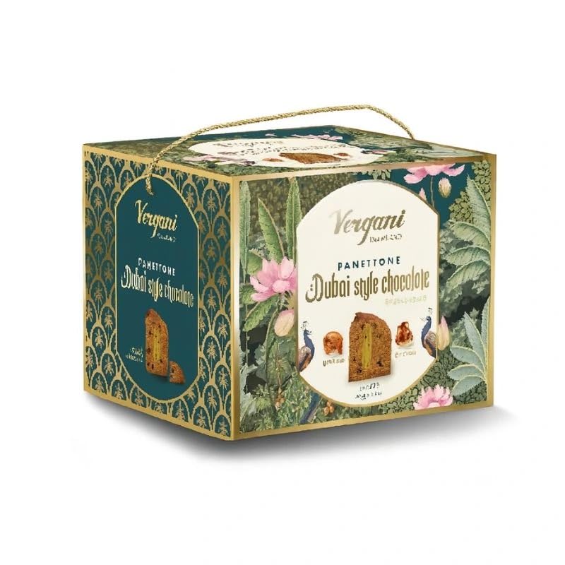 Paquete para Vergani Panettone Dubai Style con Chocolate, Pistacho y Kataifi, Postre Navideño Artesanal Italiano, 800g con Crema de Pistacho 200g, Edición de Lujo