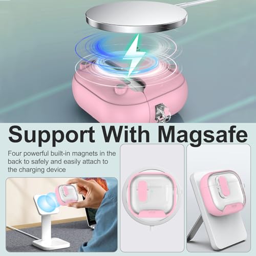 Image of Aircawin for Airpods 4 Case Clear,Secure Lock for Airpods 4th Generation Case Cover with Phone Stand and Magsafe Function,Auto Pop-up,Hybrid Protection Design with Carabiner&Cleaning Pen-Pink