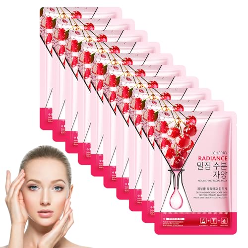 10PCS Masque En Tissu Avec Effet Calmant | Le Cerise Hydrate Et Apaise La Peau En 15 Minutes | Avec Extrait De Cerise,Rougeurs Hydratantes, Apaisantes Et Calmantes