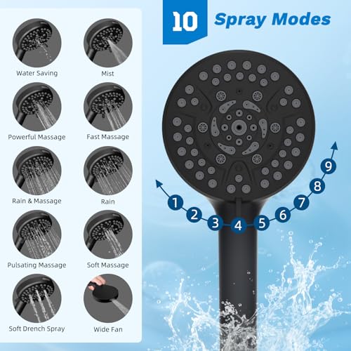 Image of Hibbent High Pressue All Metal 8 inch Rainfall Shower Head, Handheld 10-Spray | cUPC Certified Matte Black Dual Showerhead Combo, 4-way Diverter with Pause Mode, Brass Extension Arm, 71'' Hose & Holder