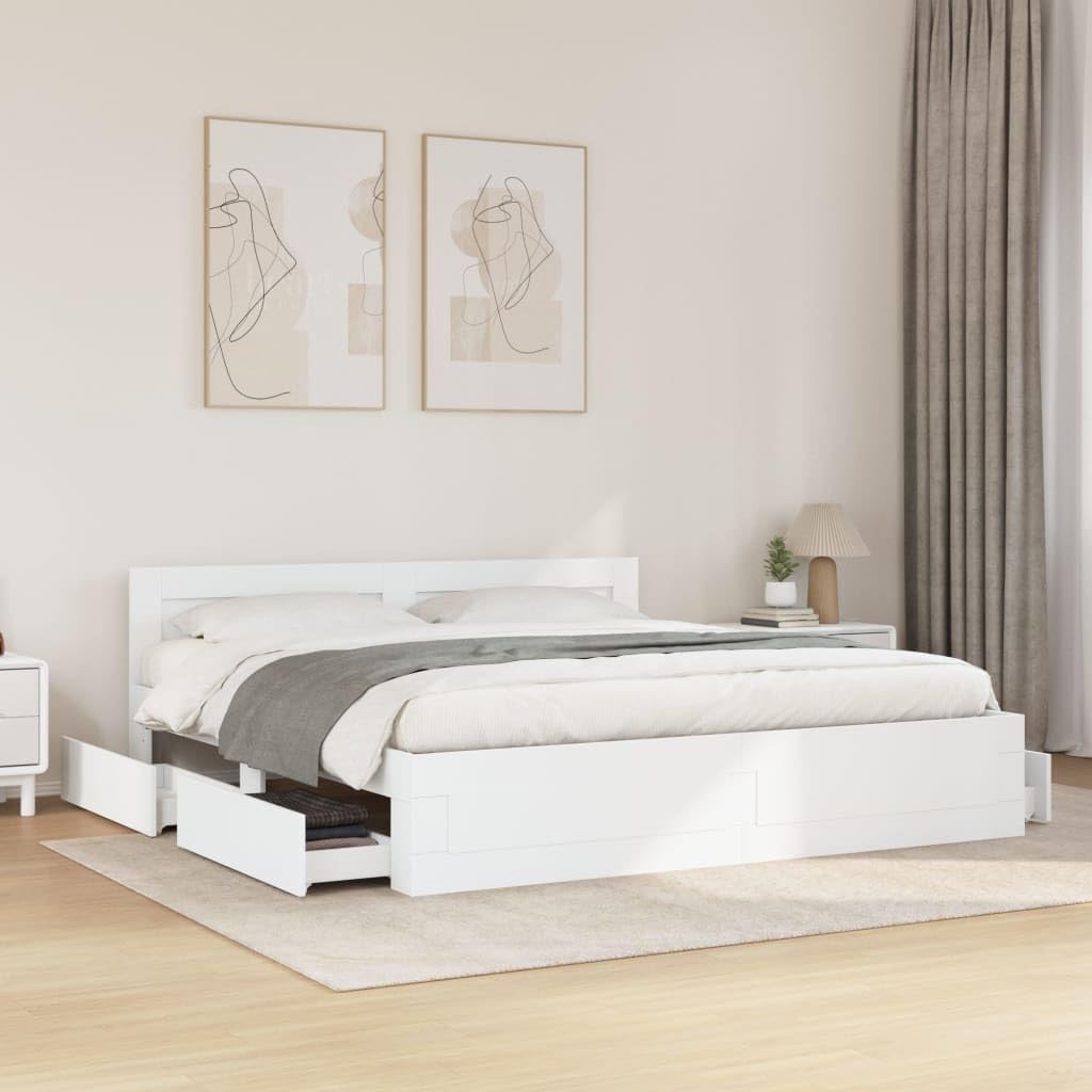vidaXL Cadre de lit avec tête de lit Blanc 180x200cm Bois d'ingénierie, Meubles de Chambre à Coucher, lit Double, sommier, lit, Cadre de lit Double
