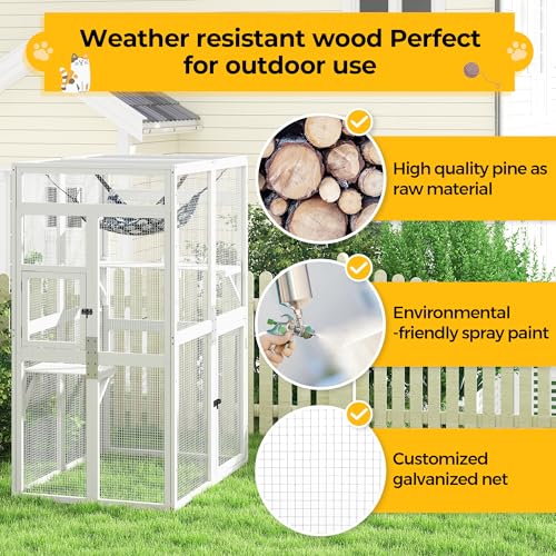 Image of Catio Outdoor Cat Enclosure - Premium Wooden Cat Catio with Window Access & Breathable Mesh, Weatherproof Kitty House for Patio /Backyard /Indoor (White)