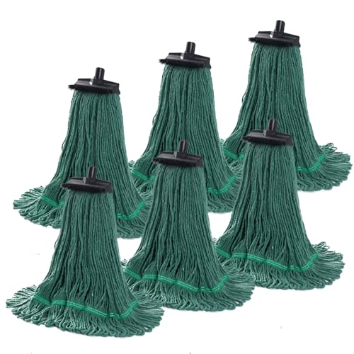 Image of Matthew Large Heavy Duty Mop Head Commercial Replacement for General and Floor Cleaning, Screw-on Wet Industrial Cotton Looped End String Head Refill (Green 6Pack) w /Built-in Flexible Bristle Brush