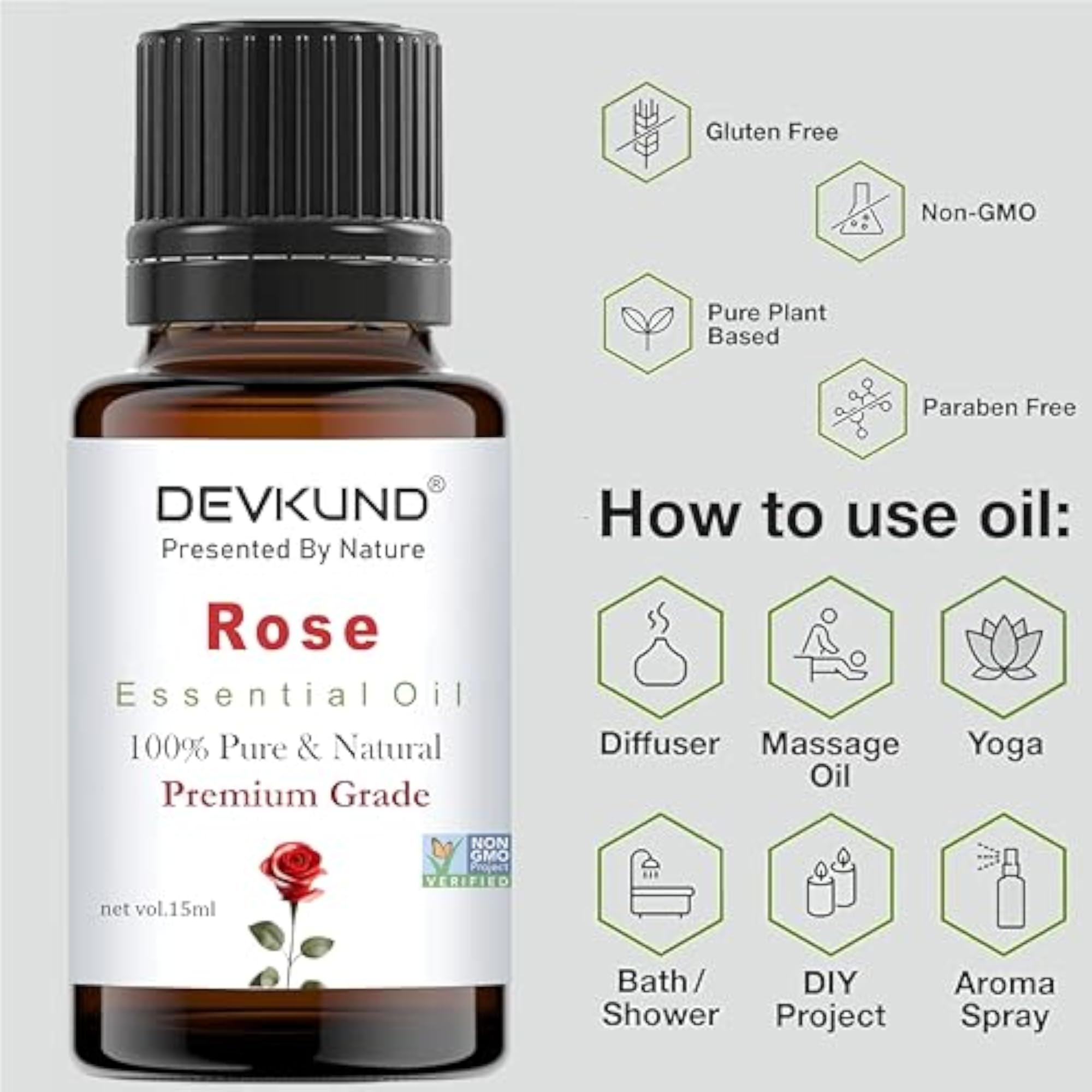 100% Pure Rose Essential Oil, 15 ML