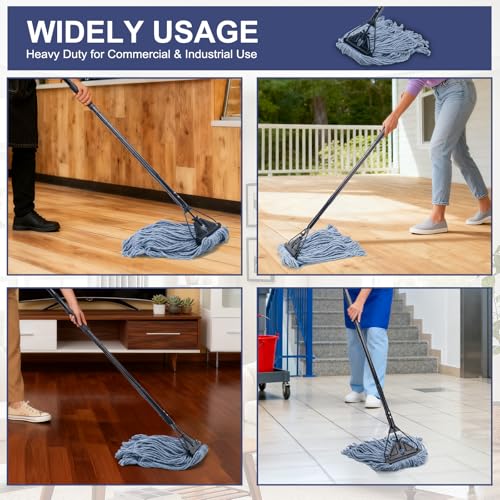 Image of Commercial Industrial Mop for Floor Cleaning,3 Extra Large Replacement Head | Reusable,59 inch Long Handle,Heavy Duty Looped-End String Wet Cotton Mop for House,Kitchen,Office,Garage,Tile Floor