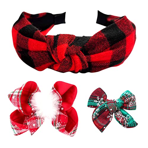 Christmas Red Plaid Headband for Toddler Girls Women Vintage Buffalo Checker Hoop Hairband Headwrap Kids Xmas Bow Knot Hair Clips Barrettes Alligator Pins Baby Teens Decor Accessories Gift Set 3