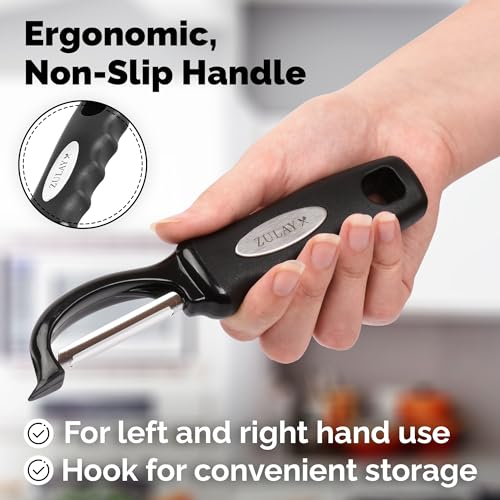 Zulay-Kitchen-Premium-Vegetable-Peeler-for-Kitchen-Swivel-Peeler-with-Razor-Sharp-Stainless-Steel-Blades-Strong-Ergonomic-Handle-Dishwasher-Safe-Easy-To-Use-with-Blemish-Remover-Black