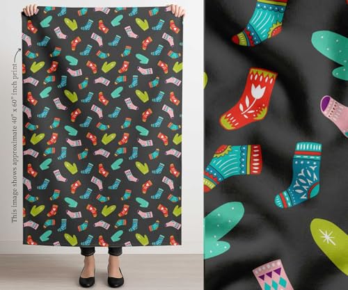 Image of Soimoi Gray Cotton Canvas Fabric Socks & Gloves Folk Art Print Fabric by the Meter 42 Inch Wide