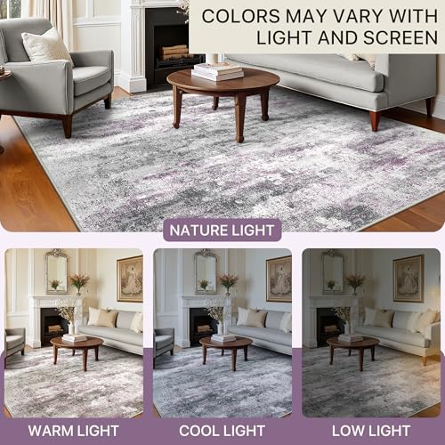 Image of BEIMO Area Rugs 8x10 for Living Room Bedroom, Modern Abstract Machine Washable Rug, Large Soft Low Pile Floor Carpet with Non Slip Backing for Dining Room, Grey /Purple