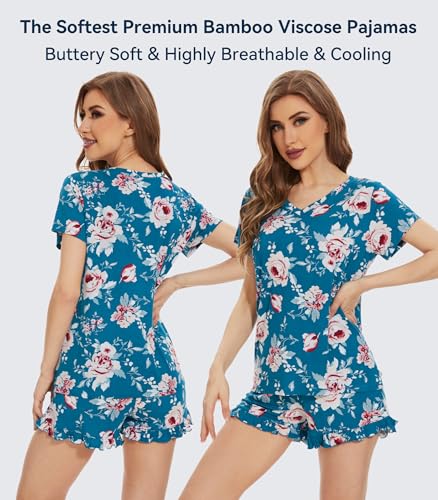 Image of WiWi Womens Pajamas Set Bamboo Viscose Super Soft Short Sleeve Top Ruffle Shorts Sleepwear Cooling Pj Sets S-XXL
