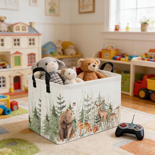 Image of Rectangular Storage Basket,Kids Basket Animal Baskets Cute Storage Bins,Waterproof Collapsible Clothes Kids Storage Basket,Gift Basket,Animals Room Decor(Woodland Animal)