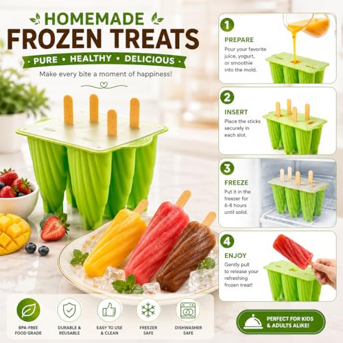 Image of BPA Free Ice Lolly and Kulfi Maker Set of 8 Reusable Popsicle Moulds Food Grade Plastic Ice Cream Popsicle Maker for Home Kitchen Multicolor (Green)