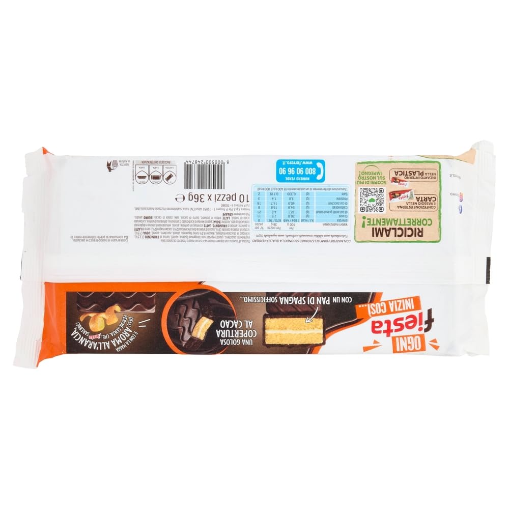 Ferrero Fiesta Snack Kuchen Biskuitkuchen-Snacks schokolade Kakao und Orangengeschmack, 8 x 360g Jede Packung enthält 10 Snacks + Beni Culinari Kostenloser Schlüsselanhänger