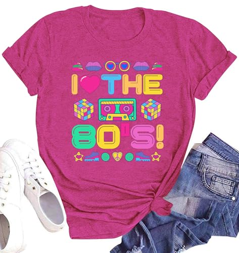 Image of SUWATOIN 80s T Shirts Women I Love The 80s Shirt Short Sleeve Retro Fancy Dress Party Tees Pop Star Tops Pink