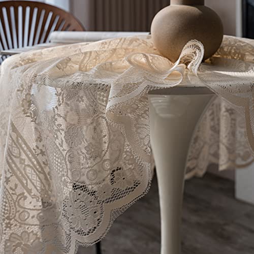 Fhberni Beige Lace Tablecloth Embroidered Elegant Floral Patterns Table Cloth Round Overlay Table Cover for Wedding Party Holiday Long Dinner Home Decor(Round-75, Beige) by Fhberni - Image 4