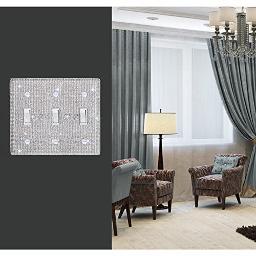 Image of Shiny Silver Rhinestones Wall Plate Cover Triple Toggle Light Switch Cover Durable Double Rhinestones Outlet Covers Wall Plate