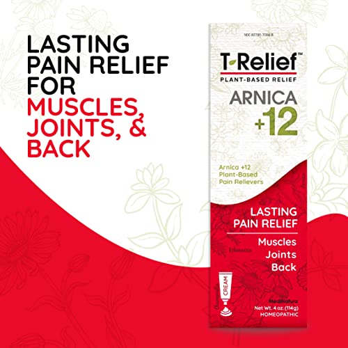 T-Relief Arnica +12 Cream Natural Actives For Back Pain Joint Soreness Muscle Aches & Stiffness, Whole Body Fast Acting Relief For Women & Men - 4 Oz #TOP2