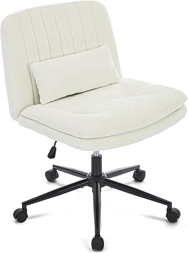 Criss-Cross Office Chair with Casters, Armless Wide Cross-Legged Swivel Desk Chair with Lumbar Pillow, Height Adjustable for Home Office, Vanity & Computer Desk White, Chenille