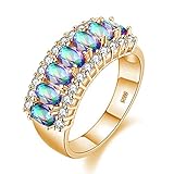 Uloveido 7 pcs Oval Shaped Rainbow Cubic Zirconia Stone Eternity Ring Comfort Fit Crystal Promise Rings for Her (Size 9, Rainbow) J501