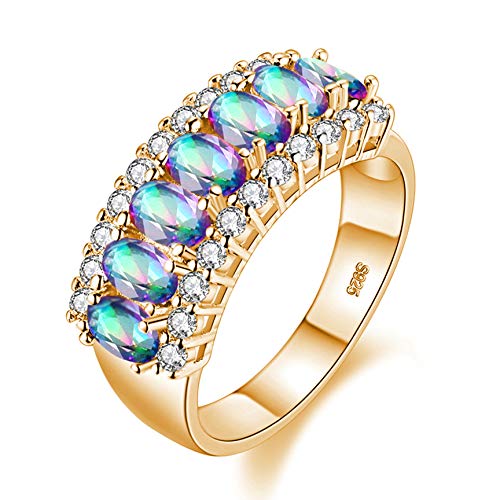 Image of Uloveido 7 pcs Oval Shaped Rainbow Cubic Zirconia Stone Eternity Ring Comfort Fit Crystal Promise Rings for Her (Size S, Rainbow) J501