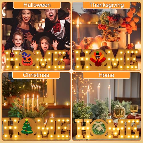 Easter Decorations Farmhouse Interchangeable Home Decor Signs, LED Long Marquee Light Up Letters Wooden ‘HOME’ Sign with 8Pcs Changeable Seasonal Icons for Holiday Indoor 4th of July Tabletop Decor - Thumbnail 6