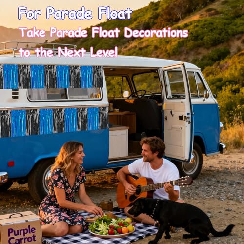 Image of 4 Packs Total 39 Ft Graduation Parade Floats for Trailer Car, Black Royal Blue Foil Fringe Garland Tinsel Streamers Banner Table Skirts for Graduation Homecoming Birthday Party(Black Blue)