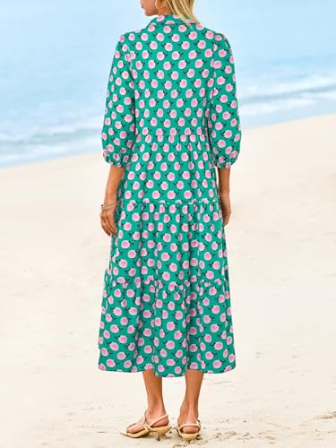Image of Wenrine Womens Casual 3 /4 Sleeve Shirt Dress Button Down V Neck Tiered Collared Flowy Maxi Dress