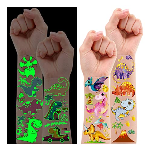 Leesgel 20 Feuilles Dinosaur Tatouage Temporary Enfants, Tatouage de Dinosaure Animal Paillettes, Cadeau d'anniversaire Pour Enfant Garçon Décoration de Fête d'anniversaire Jouets Cover