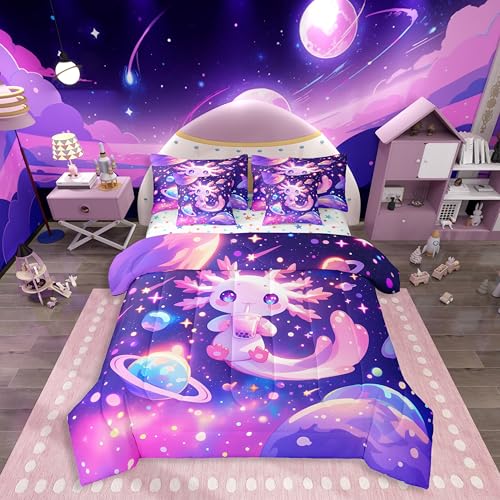 Feelyou Kids Cute Axolotl Comforter Set with Sheets Full Size Galaxy Planet Space 7 Pieces Bedding Set Boys Girls Cartoon Animal Bed in A Bag Dreamy Starry Teens Bed Set Bedroom Decor 7Pcs