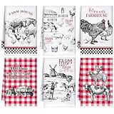 Geyoga 6 Pieces Farm Kitchen Towels Farmhouse Dish Hand Towels Highland Cattle Chicken Animal Tea Washcloth for Summer Kitchen Bathroom Decor, 16 x 24 Inch(Black, White, Red,Farm Animals)