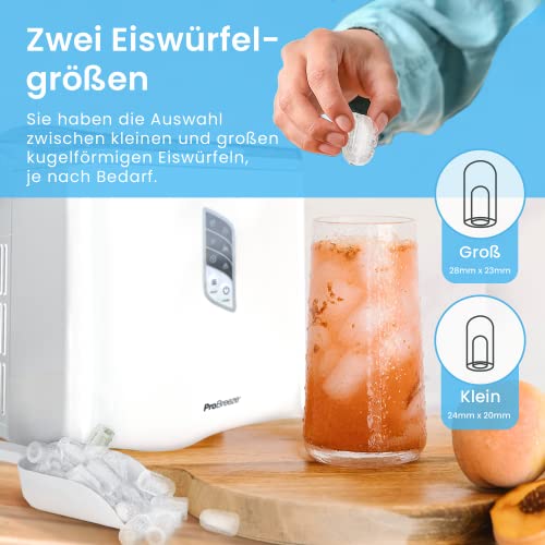 Foto von Pro Breeze Eiswürfelmaschine, 12-15 kg Eiswürfel pro Tag, Zubereitung in 6-9 Minuten, Eiswürfelbereiter mit Sichtdeckel, 2L Wassertank, 2 Eiswürfel Größen, Selbstreinigungsfunktion, Ice Maker, Weiß
