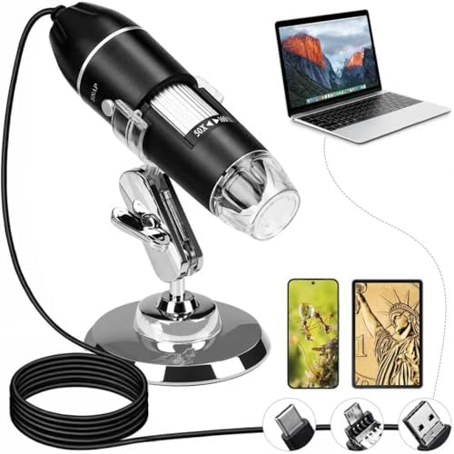 XIBETEO 3 in 1 USB Digital Microscope 50x-1600x Magnification Portable Handheld Microscopes HD Microscope Camera with Adjustable Stand and 8 LED Lights Compatible with iOS & Android Devices