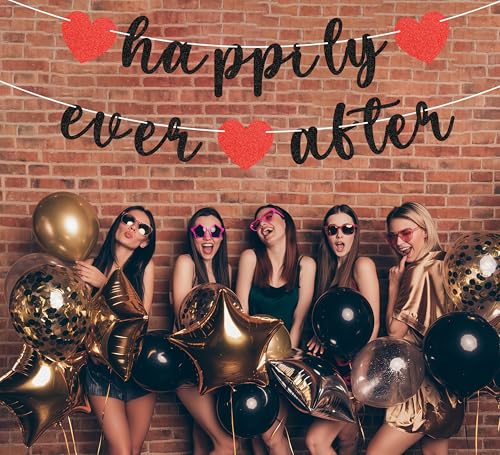 Image of Pre-Strung Happily Ever After Banner - Black Glitter Bachelorette Bridal Engagement Party Decoration Supplies, Bachelorette Wedding Party Banner for Engagement, Bridal Shower, Wedding Party Photo Booth Props