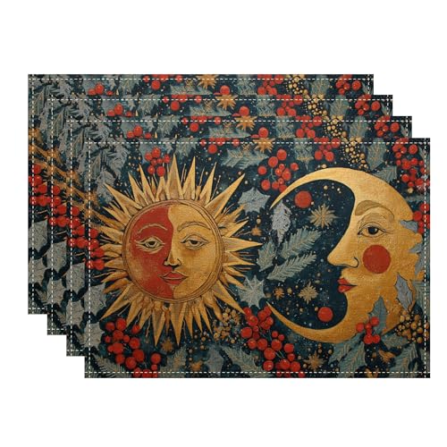 Sun and Moon Placemats, Vintage Bohemian Celestial Place Mats for Dining Table, Holiday Non-Slip Washable Indoor Outdoor Kitchen Party Decorative Placemat Set of 4