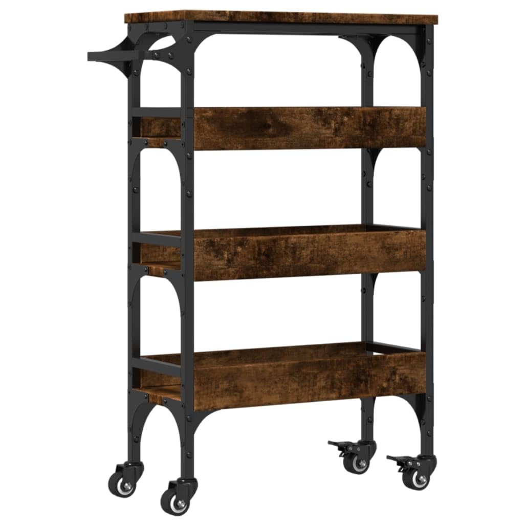 Carro de cocina de roble ahumado, 53 x 20 x 76 cm, carrito de servicio estrecho con ruedas de madera y acero, carrito vintage para cocina, baño y salón, carrito auxiliar con toallero